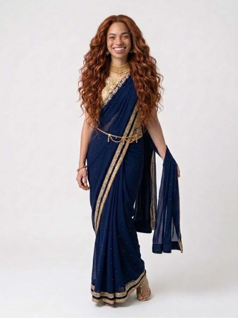 Navy Blue Embellished Saree with Gold Border